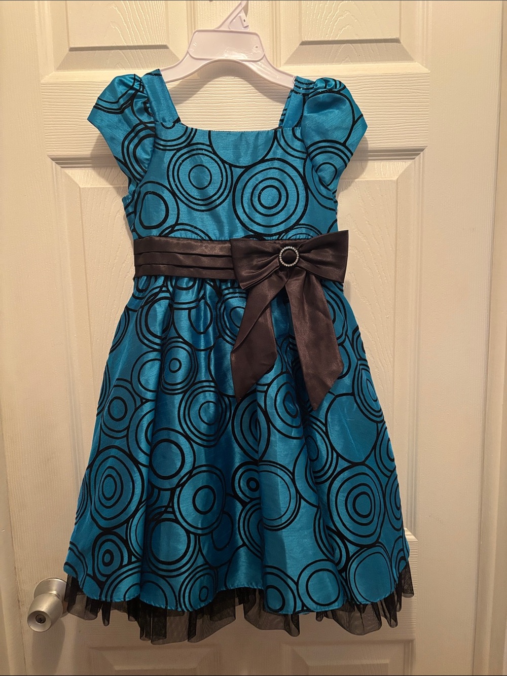 Jona Michelle Teal and Black Circle-Print Satin Waist Party Dress